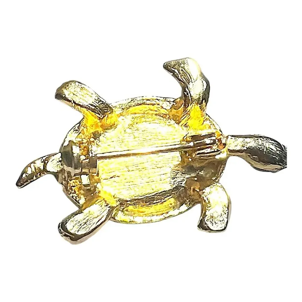 Elegant Gold tone with carved Red stone & Rhinestones Tiny Turtle Brooch